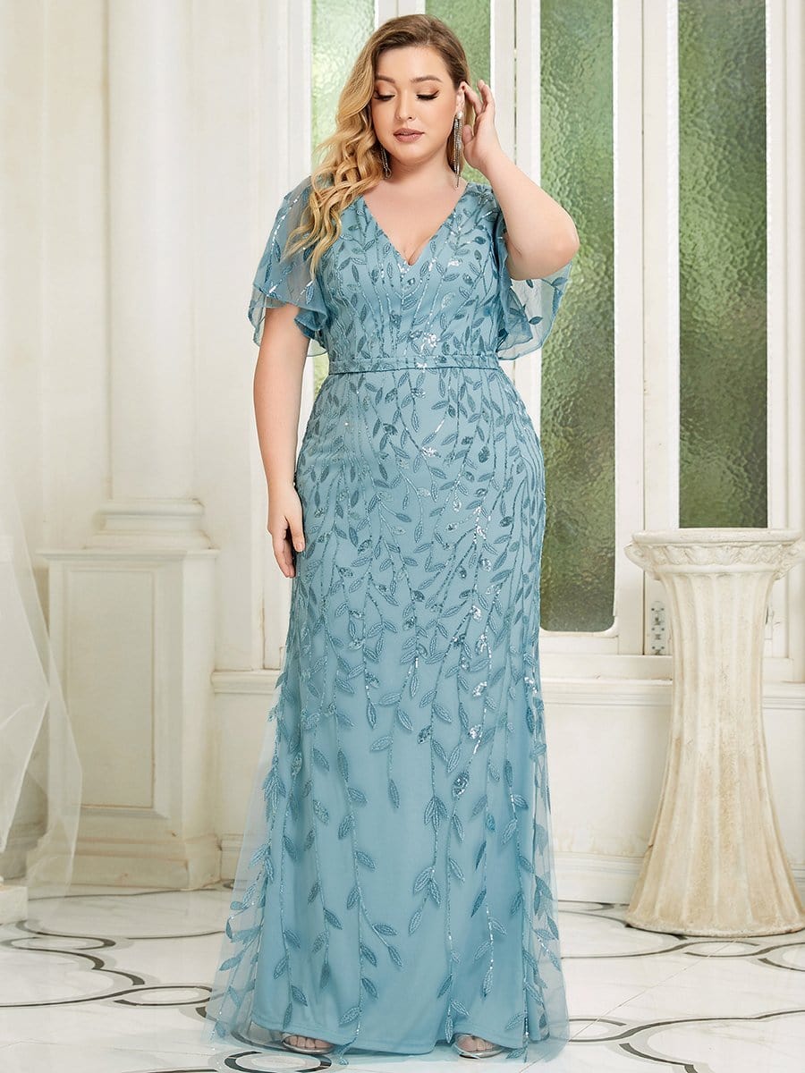 Fashion Plus Size V Neck Mermaid Sequin & Tulle Evening Dress