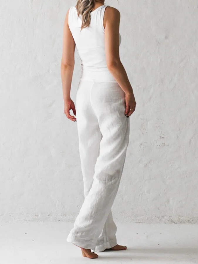 White Cotton Linen Lace Up Casual Pants