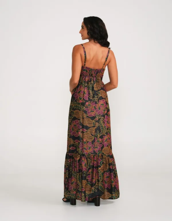 Long Floral Printed Banana Dress - Black