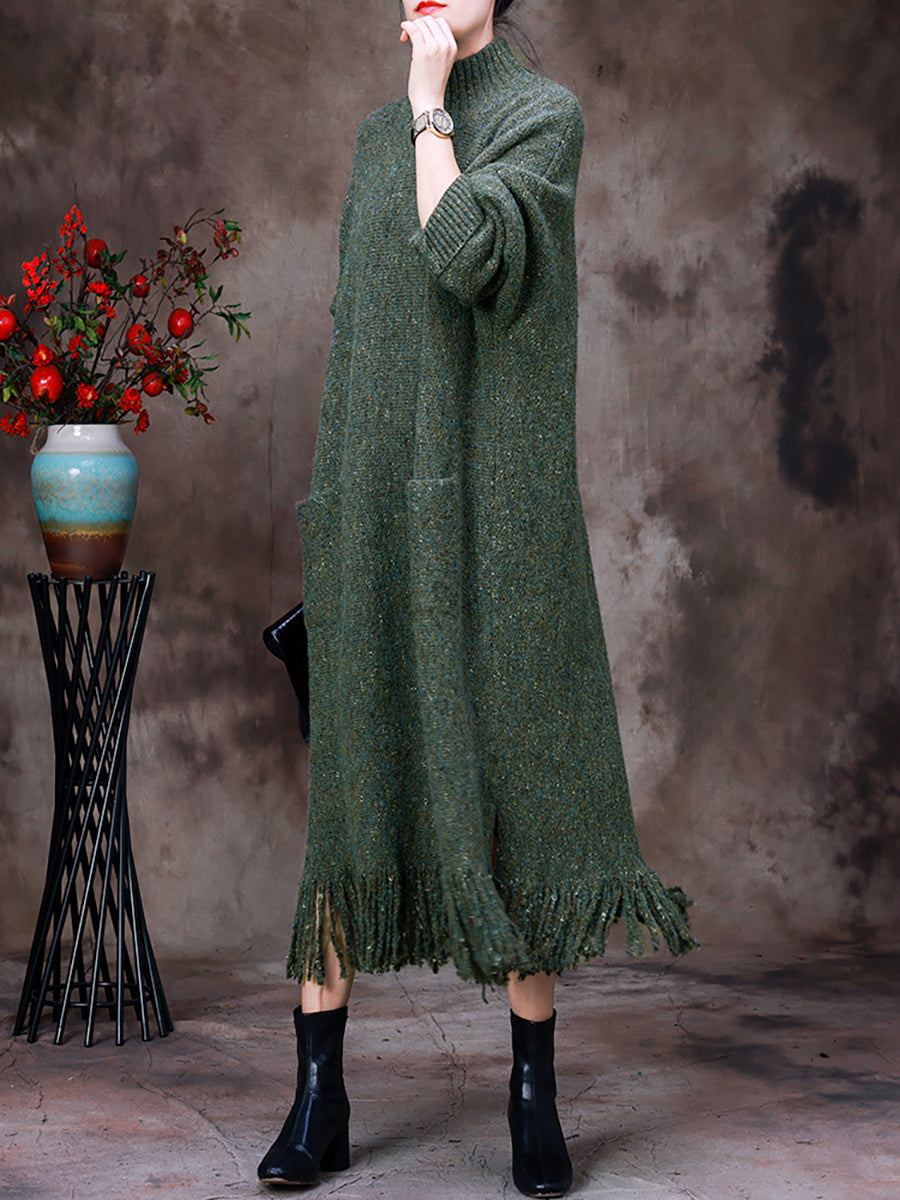 Winter Women Warm Wool Tassel Maxi Dress