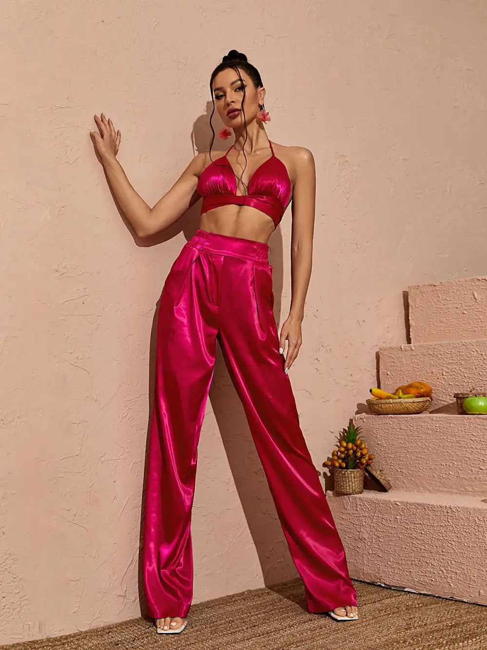 Zariyah Halterneck Satin Set In Hot Pink