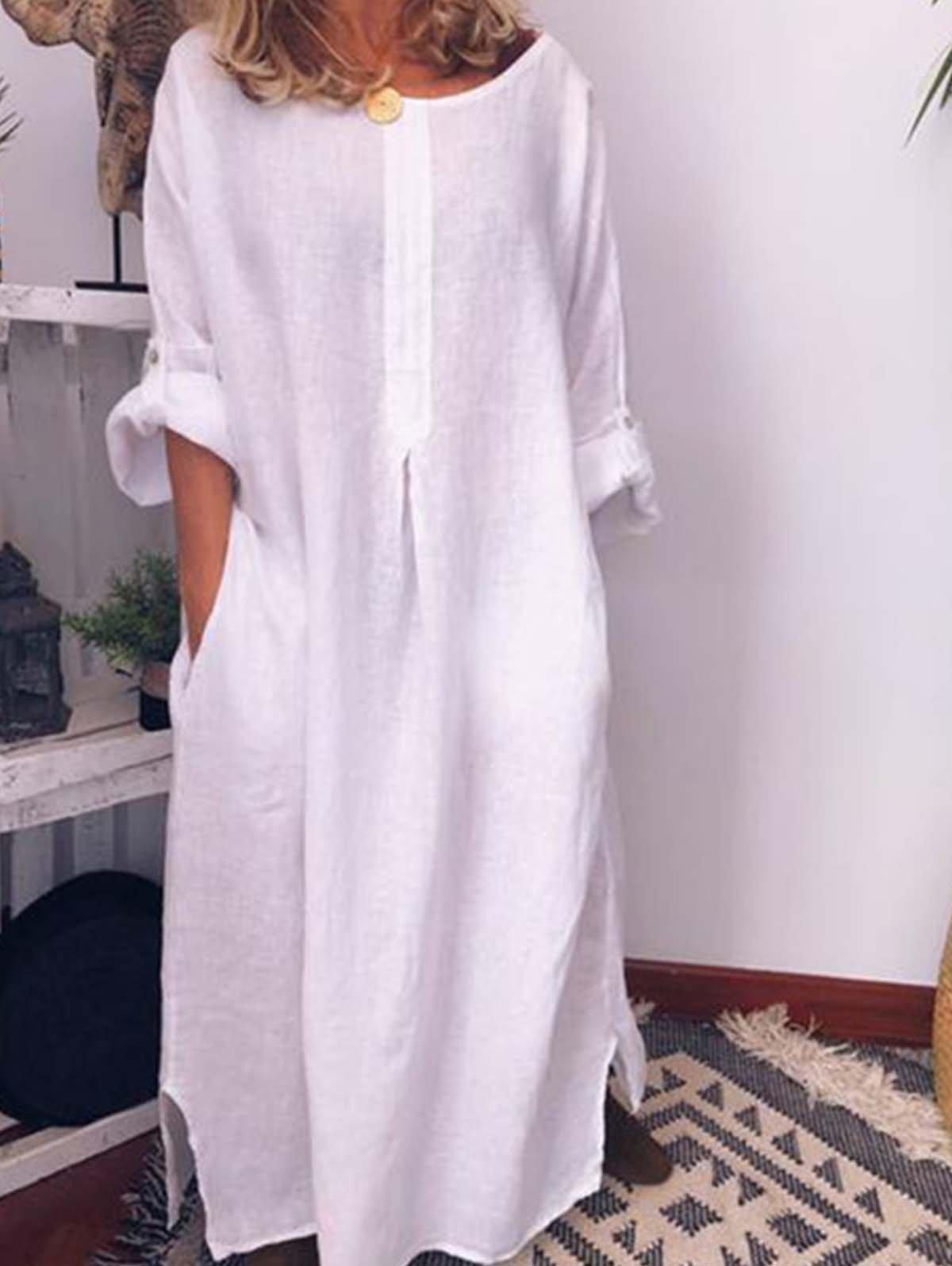 Solid Roll Cuff Pocket Side Cotton And Linen Maxi Dress