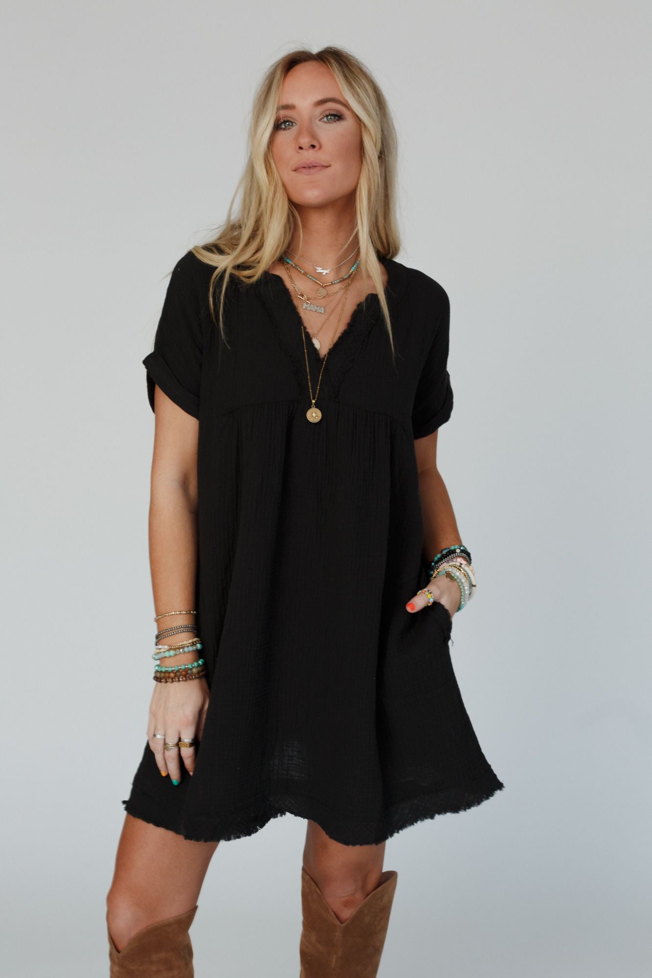 Romi Raw Edge V Neck Dress - Black