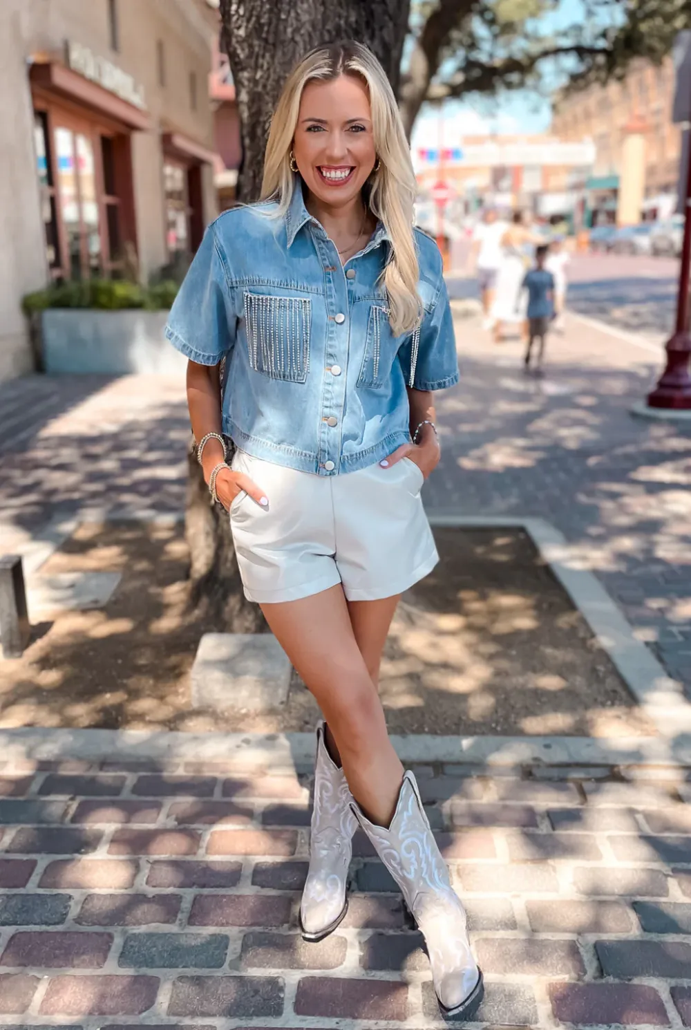 Rhinestone Fringe Short Sleeve Denim Top