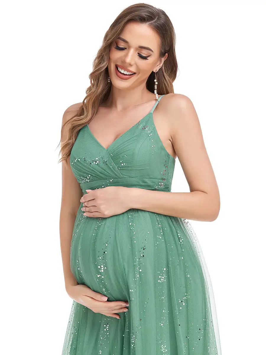 Shiny Spaghetti Straps Deep V Neck Wholesale Maternity Dresses