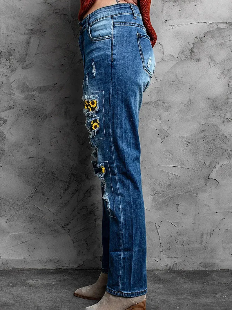 Women's Vintage Sunflower Print Patchwork Jeans