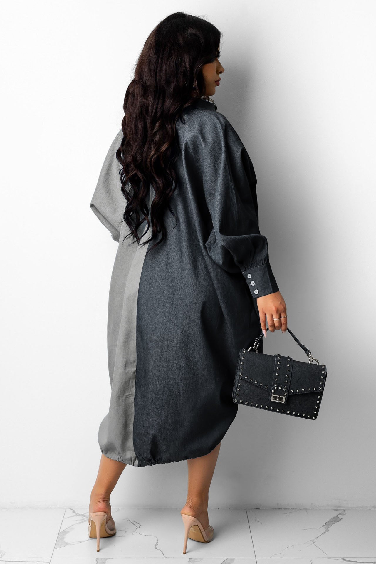 Denim Stitching Drawstring Shirt Dresses