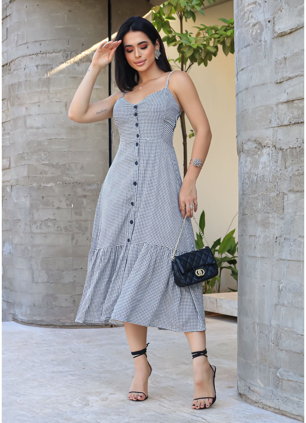 VICHY BUTTON MIDI DRESS