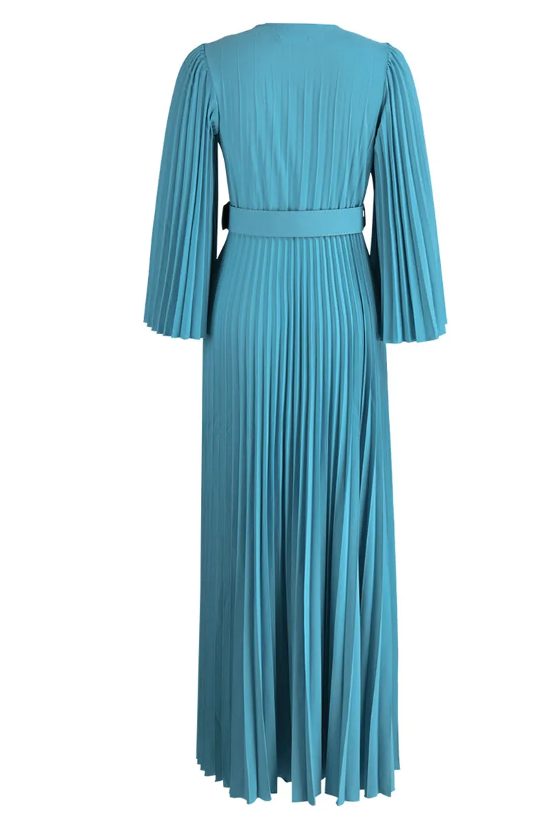 Deep Blue Casual Solid Patchwork Fold With Belt V Neck Evening Dress Dresses