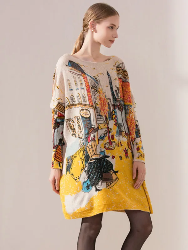 Original Loose Cartoon Printed Round-Neck Long Sleeves Sweater Dress