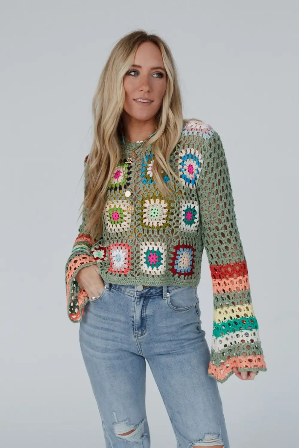 Flower Drops Crochet Sweater - Sage