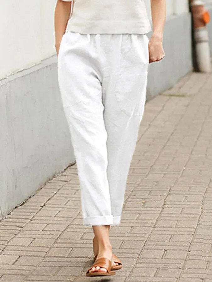 Women's Cotton Linen Solid Color Loose Pocket Harem Pants