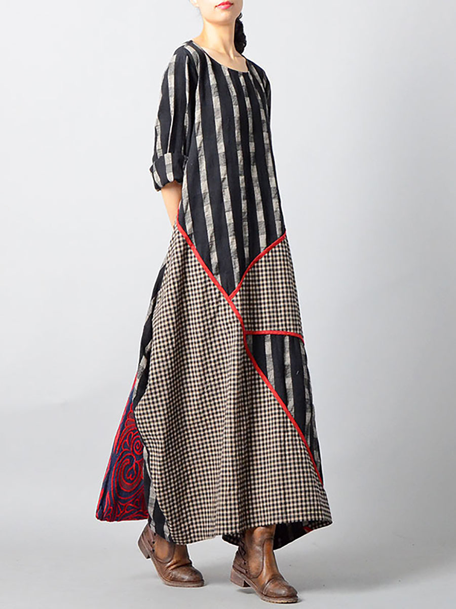 Plus Size - Stripes Plaid Spliced Irregular Cotton Linen Dress