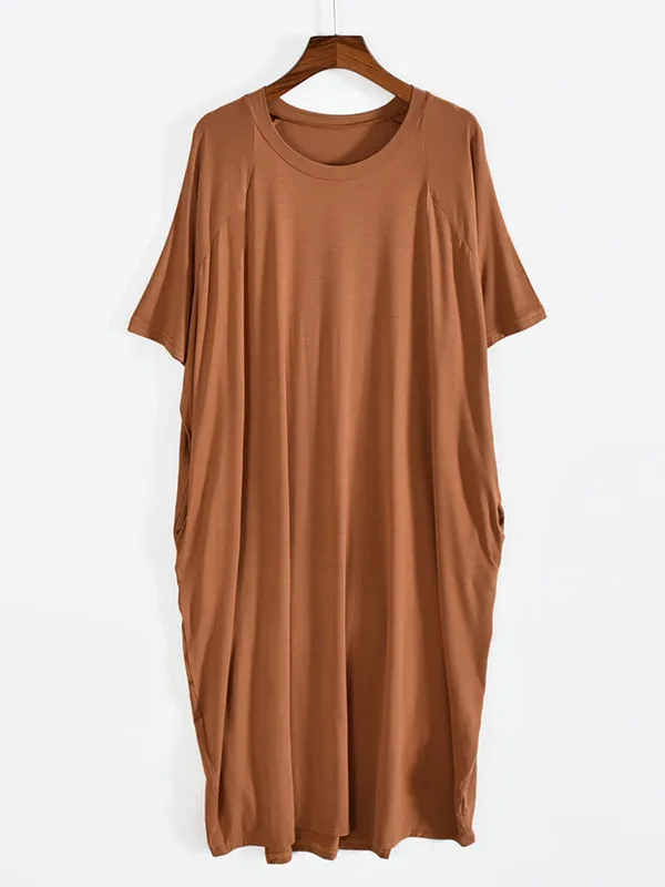 Simple Loose Half Sleeves Solid Color Round-Neck Pajamas Dress