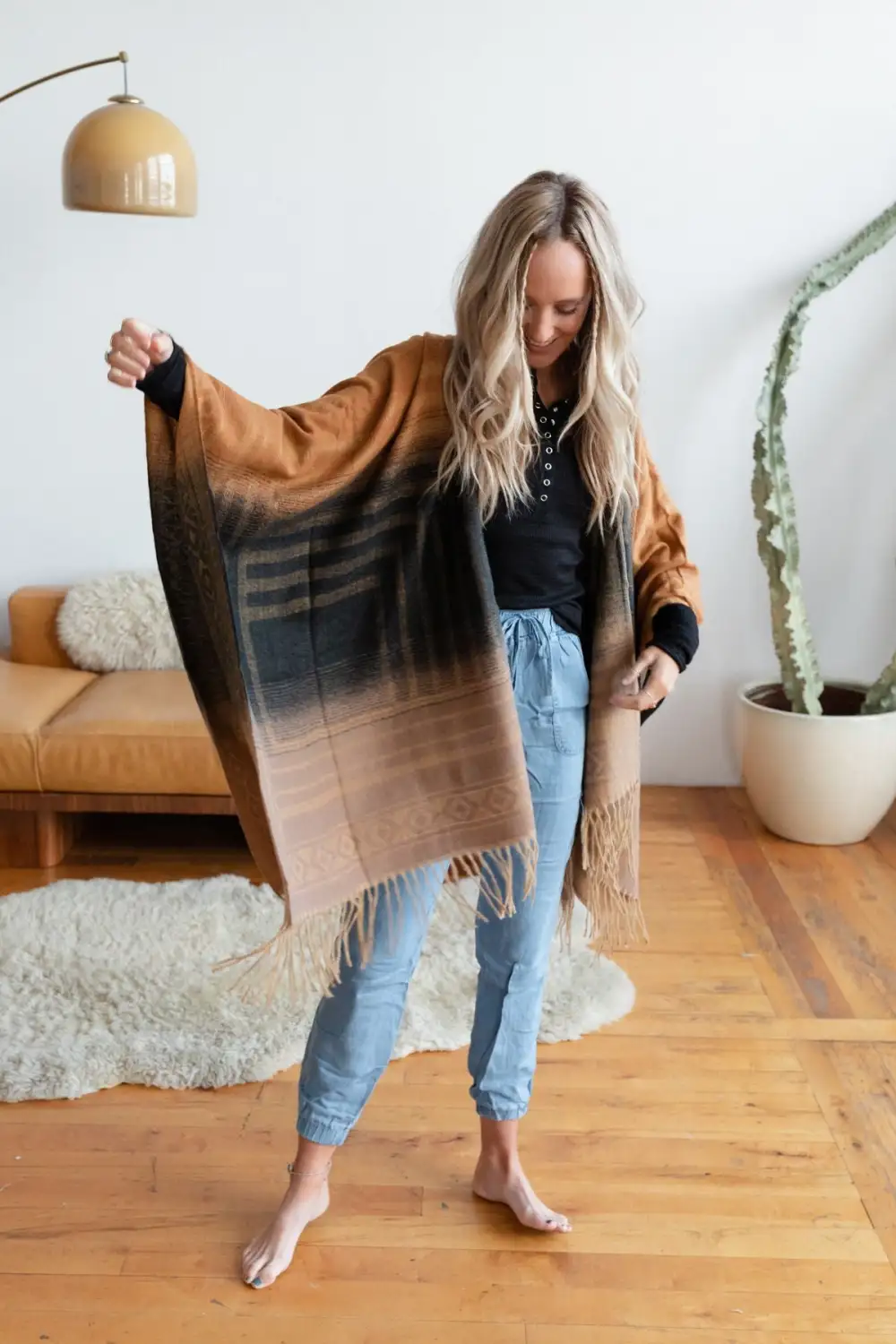 Way Out West Knit Kimono Shawl - Charcoal