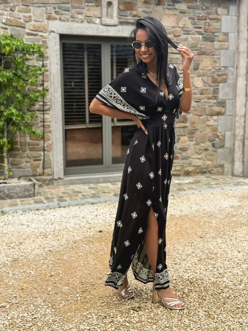 KATALYNA PATTERNED LONG DRESS - BLACK