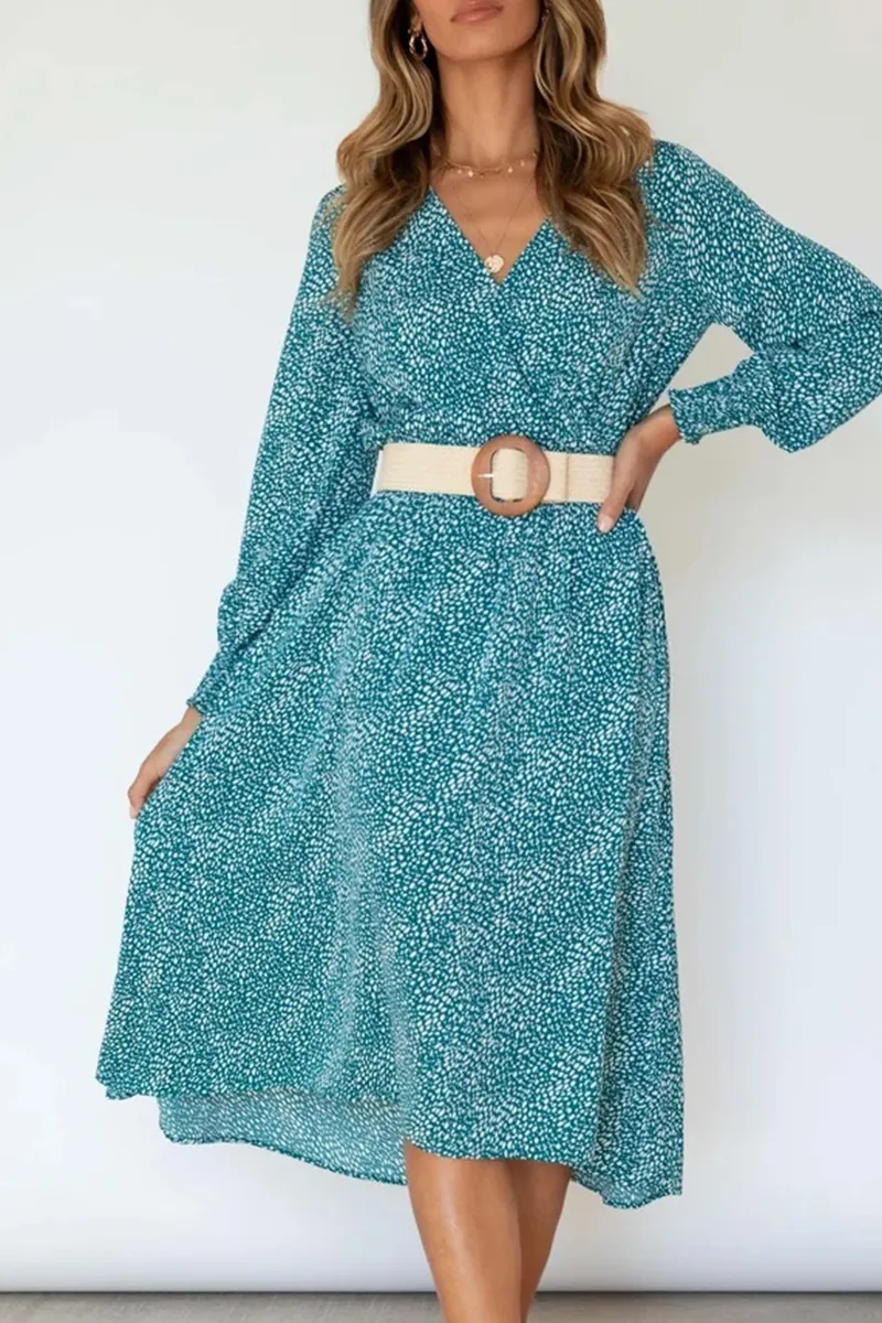 Elegant Print Split Joint V Neck Dresses