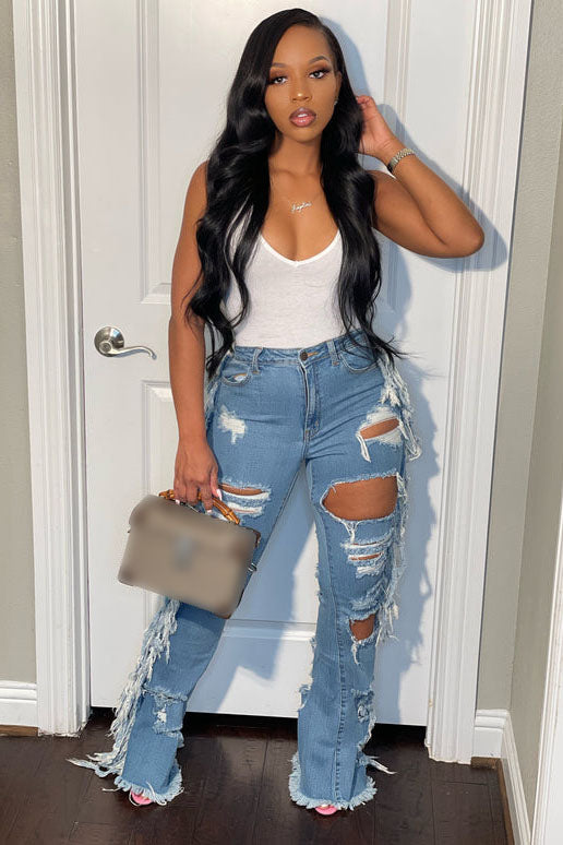 Denim Fringed Ripped Jeans