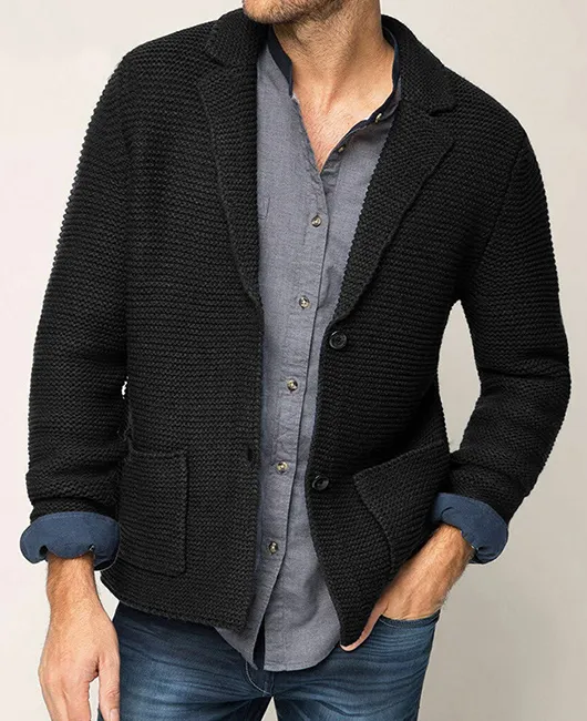 Knitted Notch Lapel Two Buttons Pockets Sweater