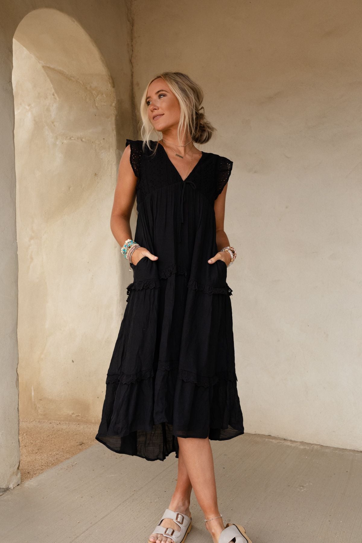 Mina Tiered Scallop Edge Maxi Dress - Black