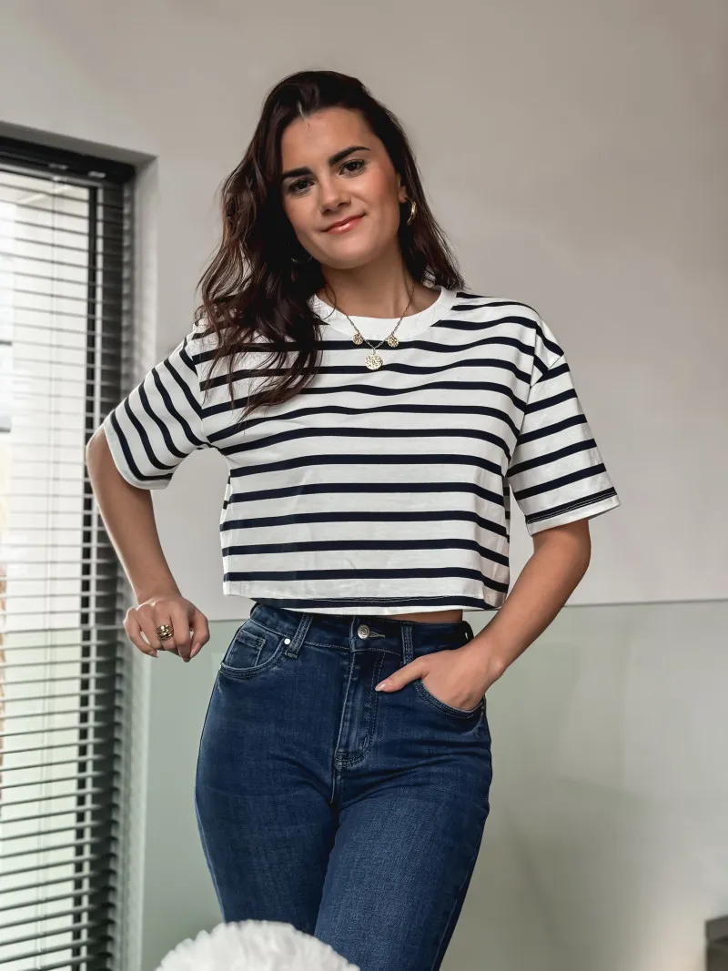 JANE STRIPED CROP T-SHIRT - NAVYWHITE