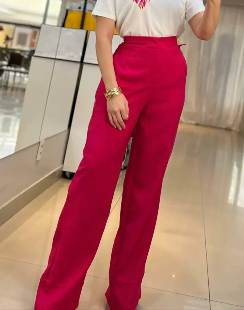 High-waisted casual metallic detail trousers