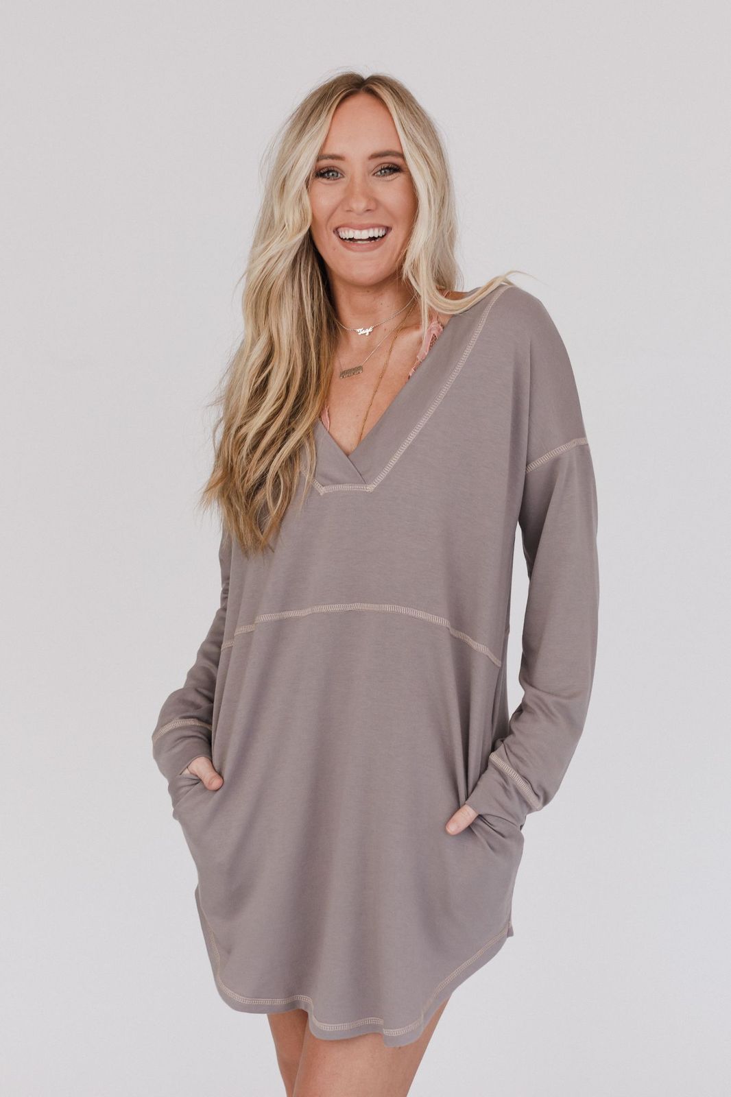 Meadow Long Sleeve Tunic Dress - Mushroom