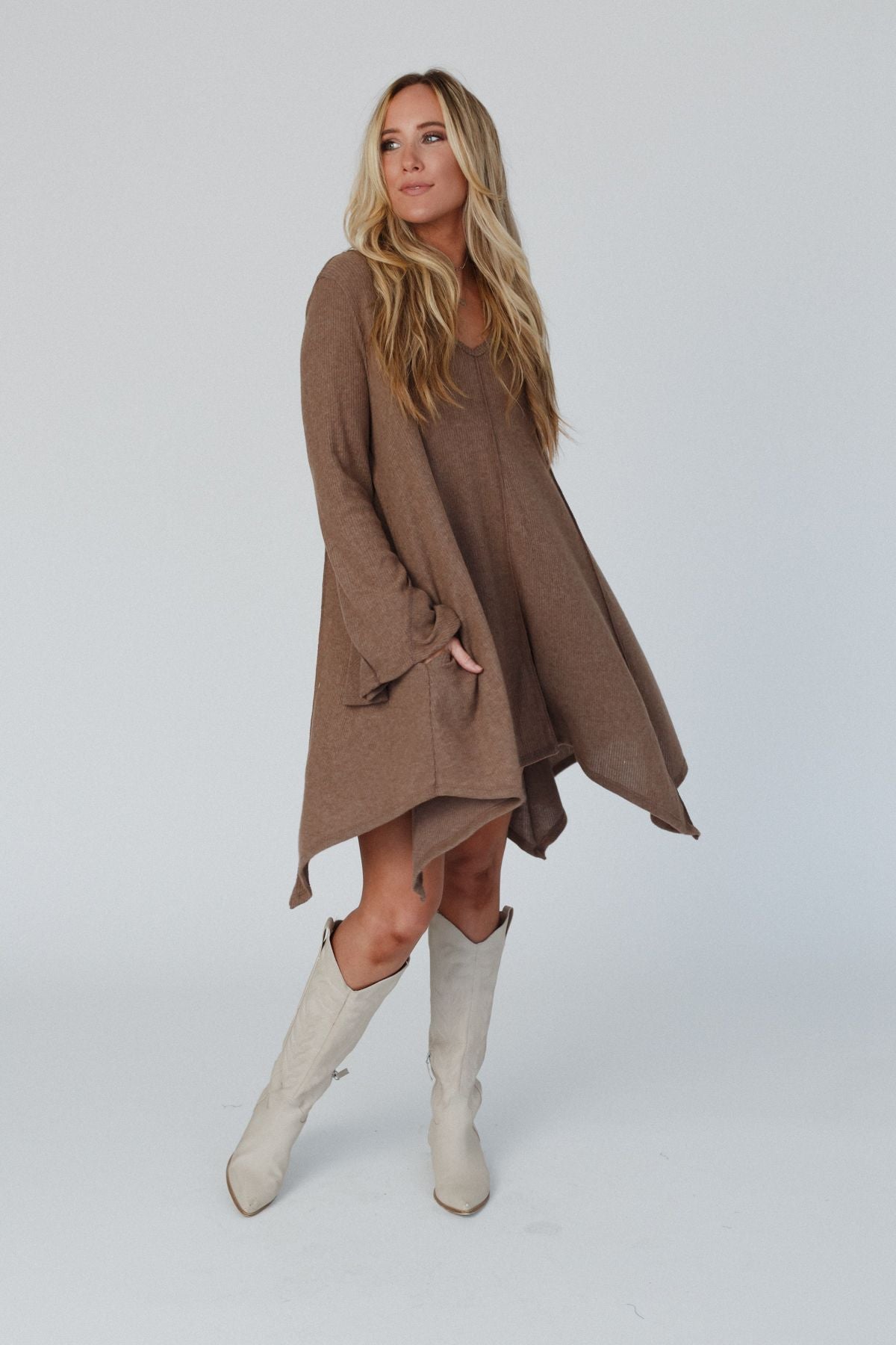 Golden Hour Long Bell Sleeve Tunic Dress - Mocha