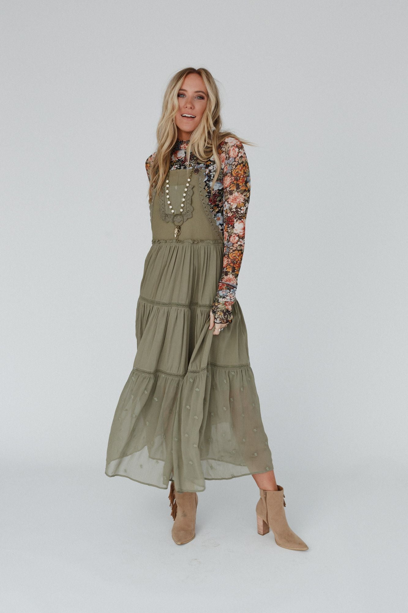 Green Paths Overall Dress - Olive