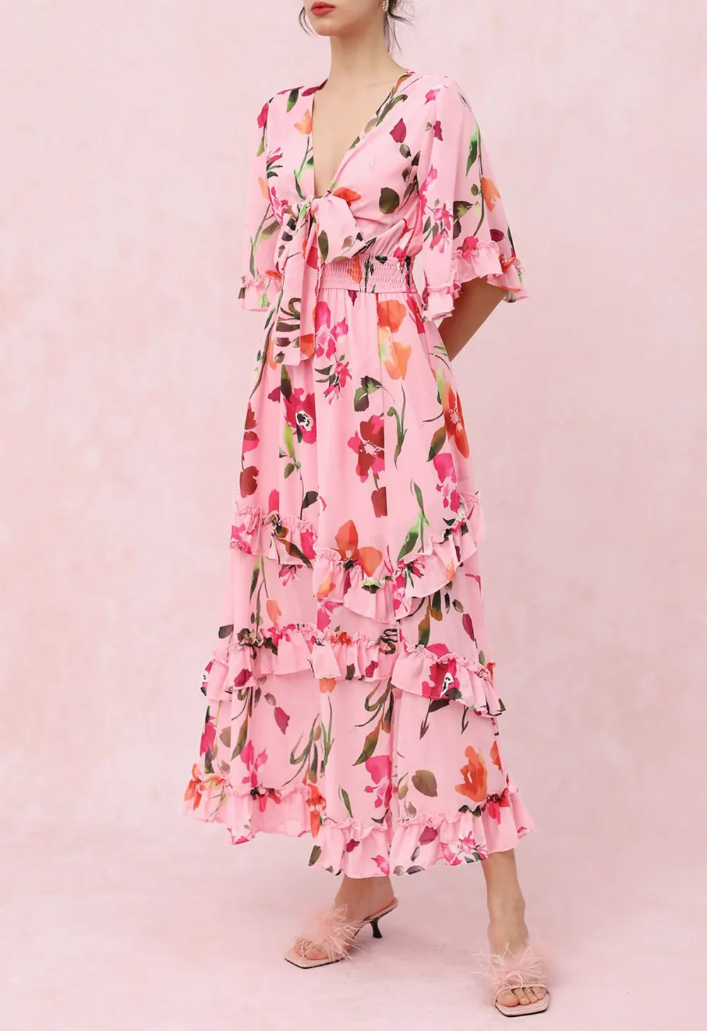 PINK BLOSSOM TIE-FRONT V-NECK MAXI DRESS