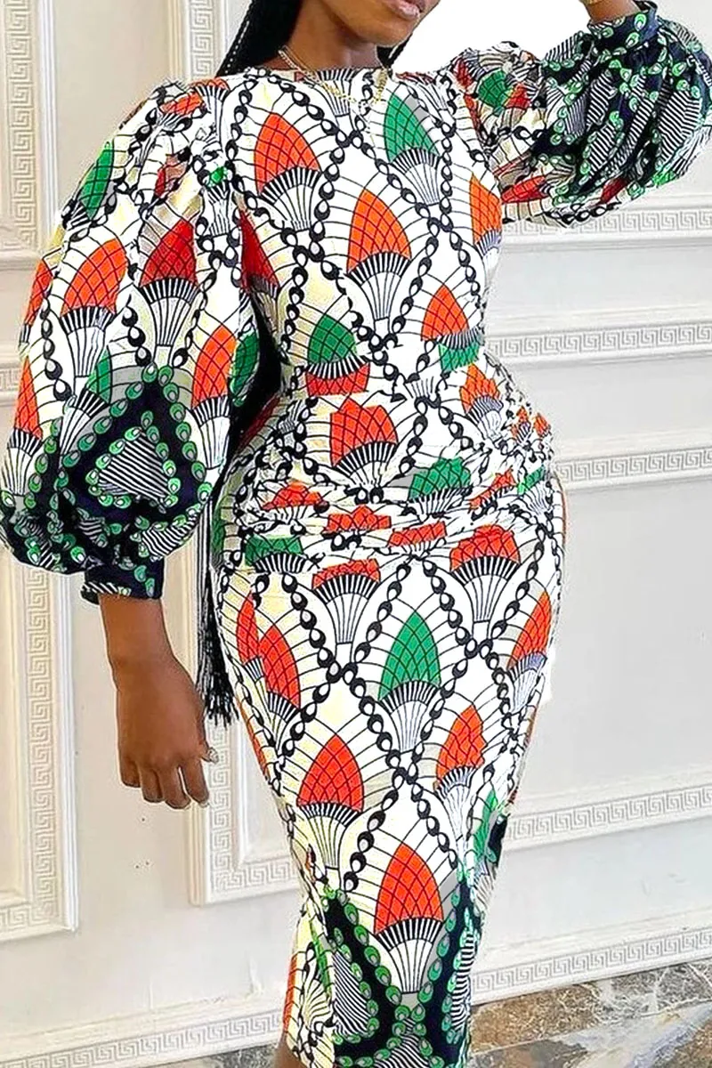 Orange Green Elegant Print Patchwork O Neck One Step Skirt Dresses