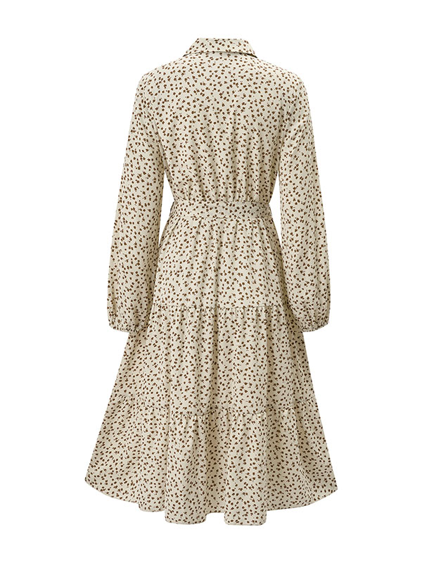 A-Line Long Sleeves Buttoned Flower Print Pleated Split-Joint Tied Waist Lapel Midi Dresses