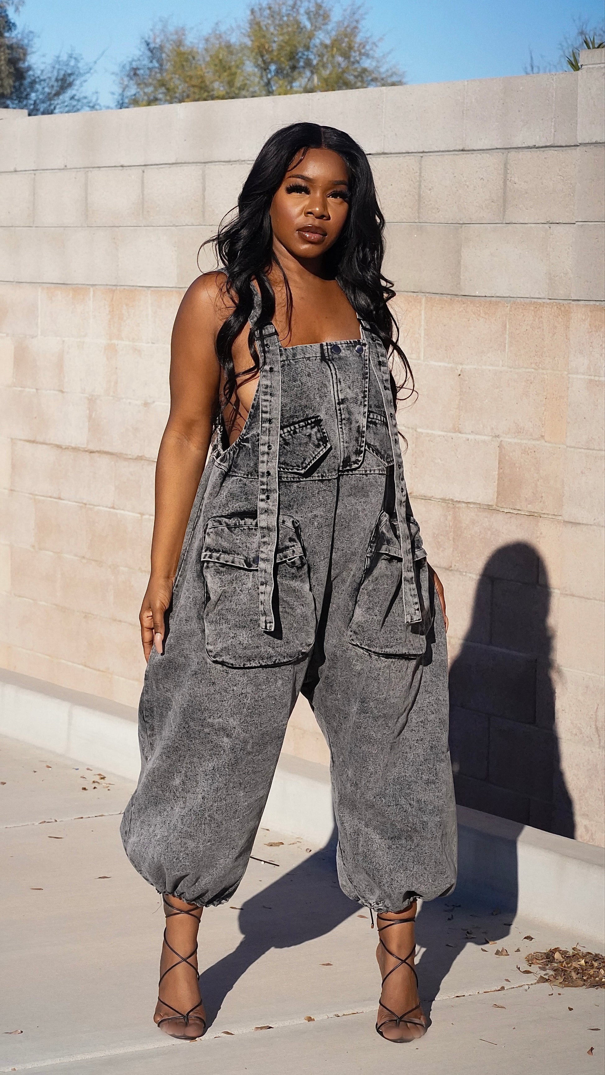 Denim Square Neck Pocket Sleeveless Harem Overalls