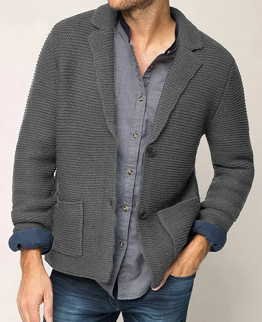 Knitted Notch Lapel Two Buttons Pockets Sweater