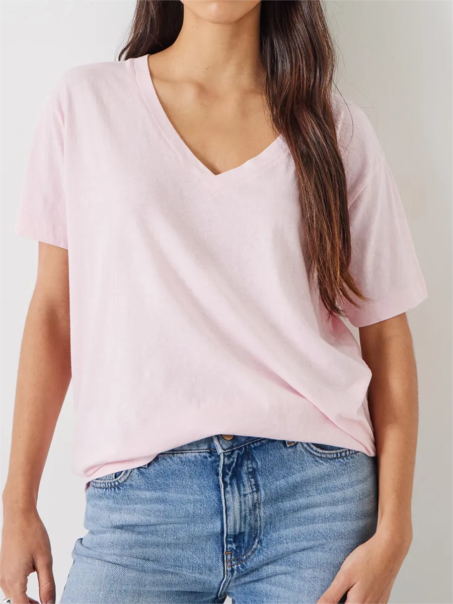 Plain Deep V-Neck Linen Blend T-Shirt