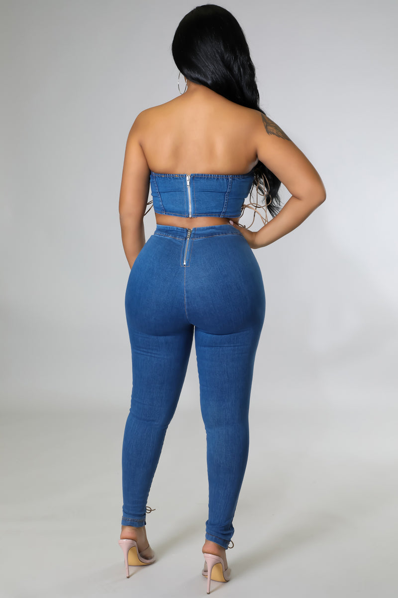 Denim Tube Top Lace up Pants Set