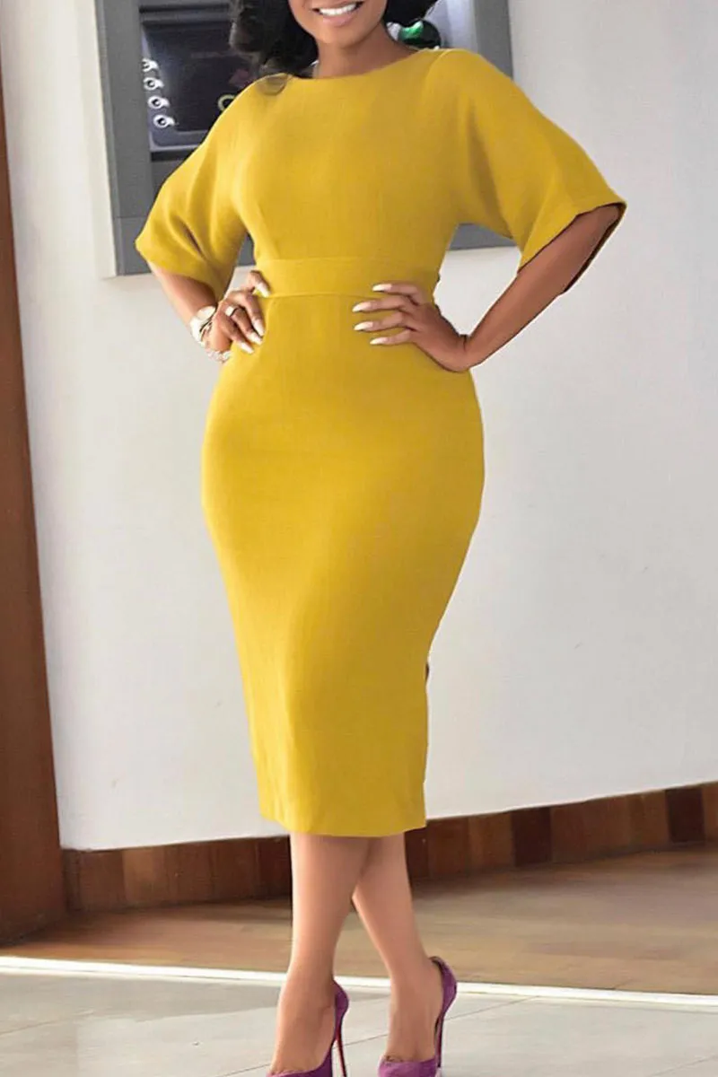 Yellow Casual Elegant Solid Patchwork Slit O Neck One Step Skirt Dresses