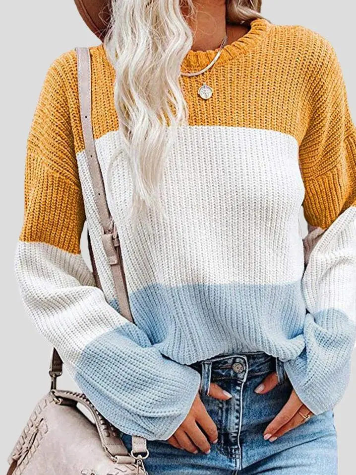 Women's Sweaters Contrasting Color Pullover Lantern Long Sleeve Sweater