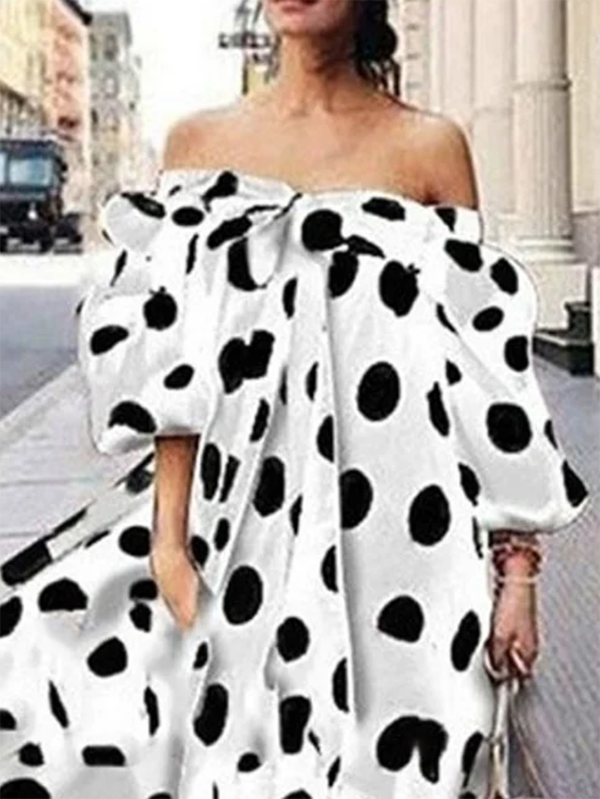 Half Sleeves Long Sleeves Polka-Dot Off-The-Shoulder Maxi Dresses