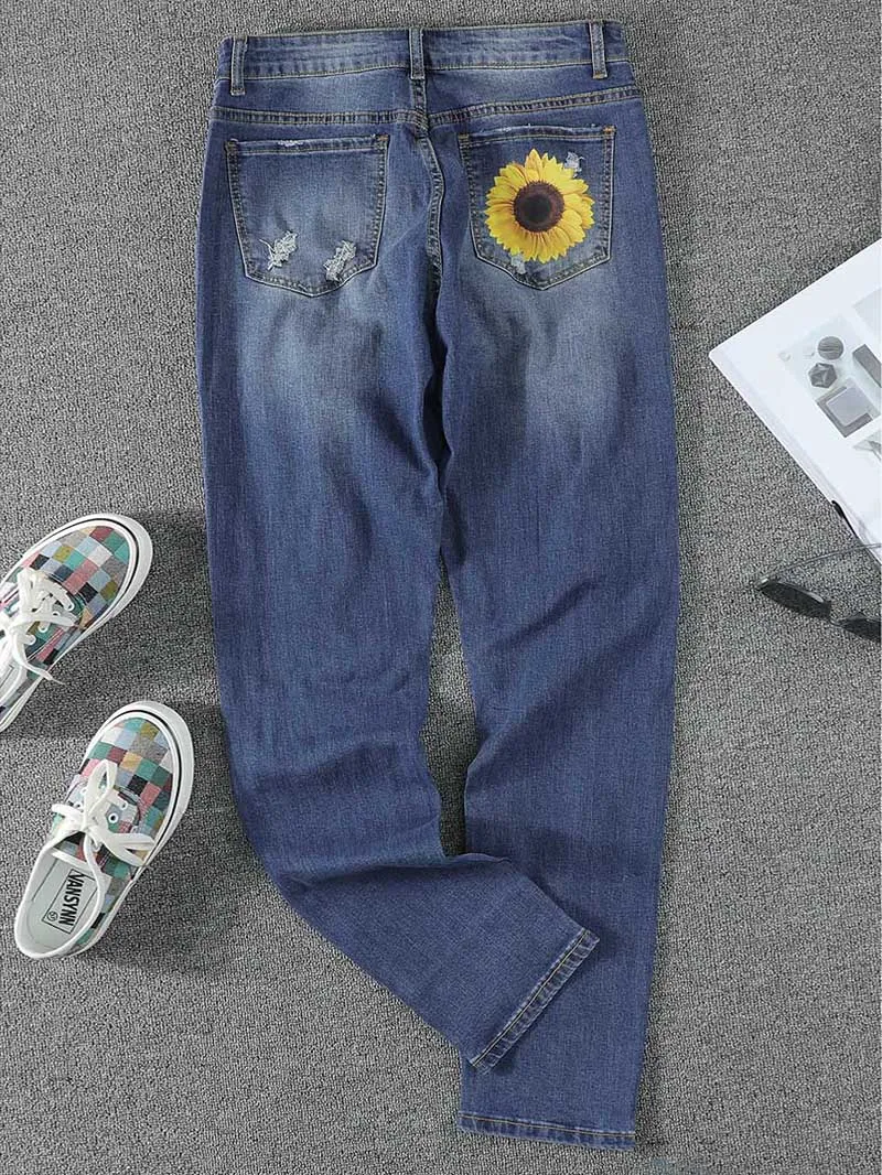 Women's vintage sunflower print patchwork ripped jeans