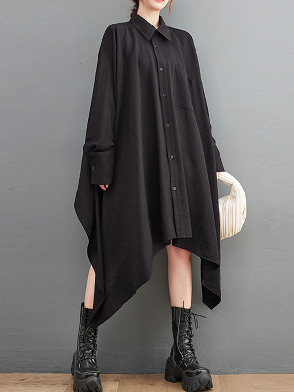 A-Line High-Low Asymmetric Buttoned Pockets Solid Color Lapel Midi Dresses Shirt Dress