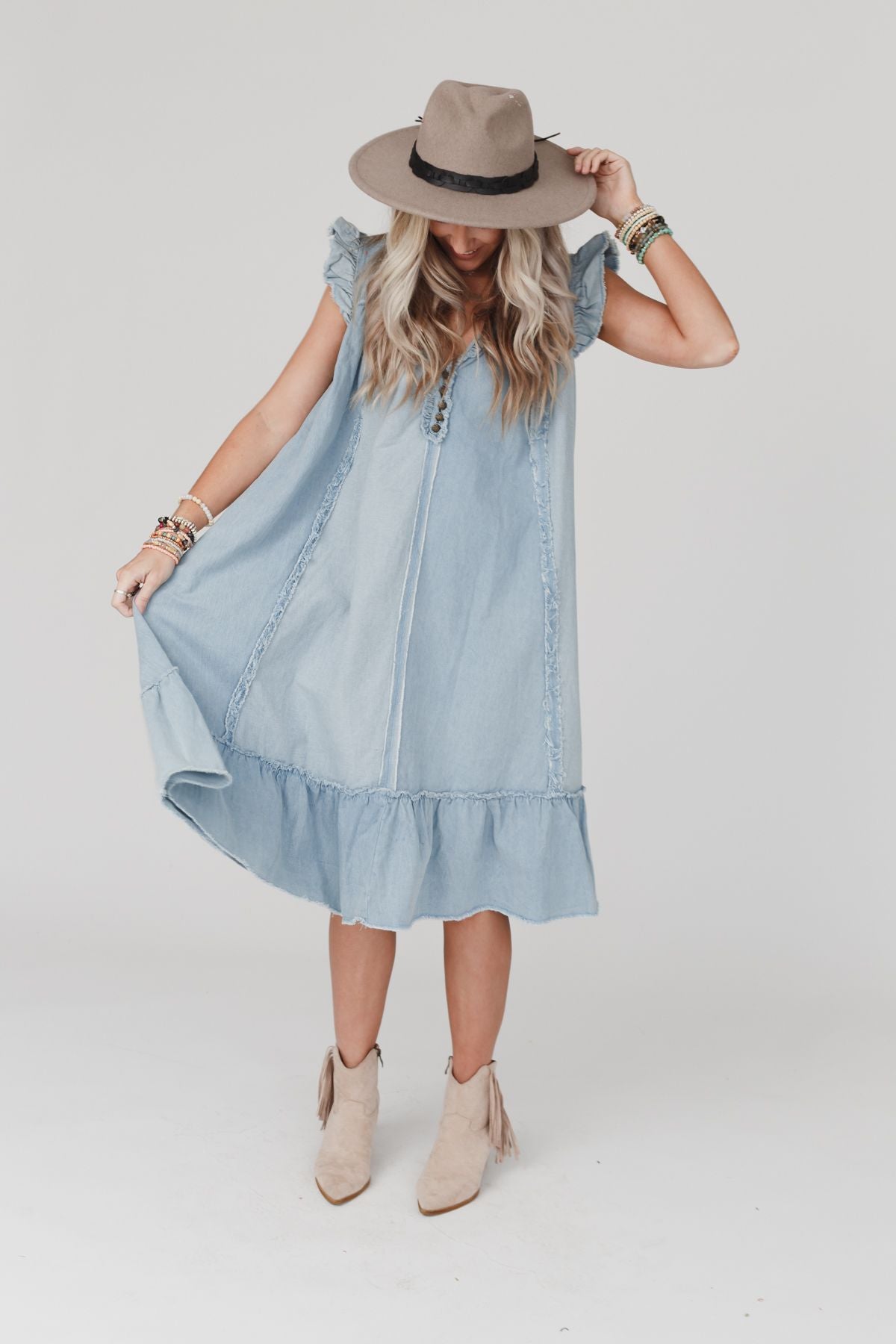 Clayton Ruffle Denim Dress - Denim