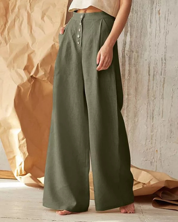 Casual Button Linen Wide-Leg Pants