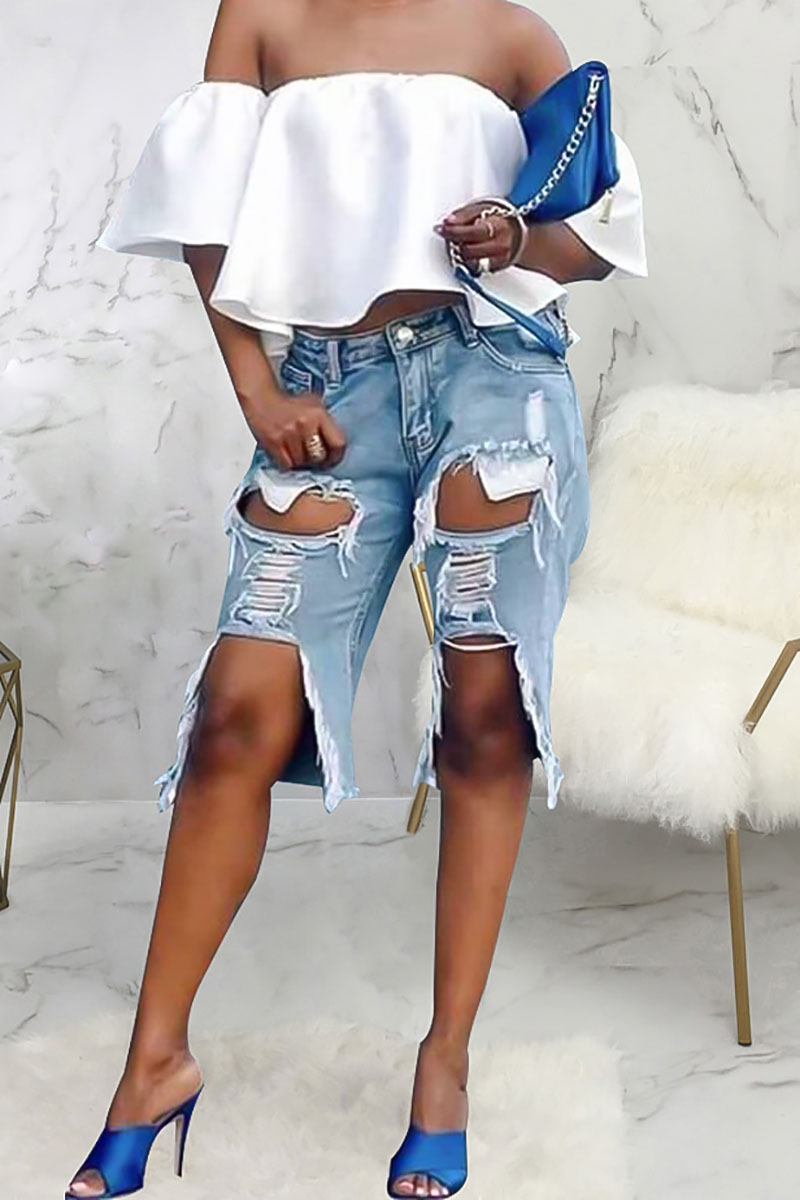 Ripped Denim Cutout Fringe Shorts