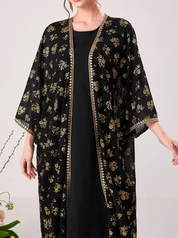 Muslim High Waisted Round-Neck Inner Dress + Flower Print Gauze Batwing Sleeves Outerwear Two Pieces Set