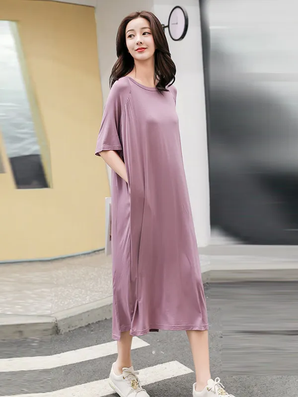 Simple Loose Half Sleeves Solid Color Round-Neck Pajamas Dress