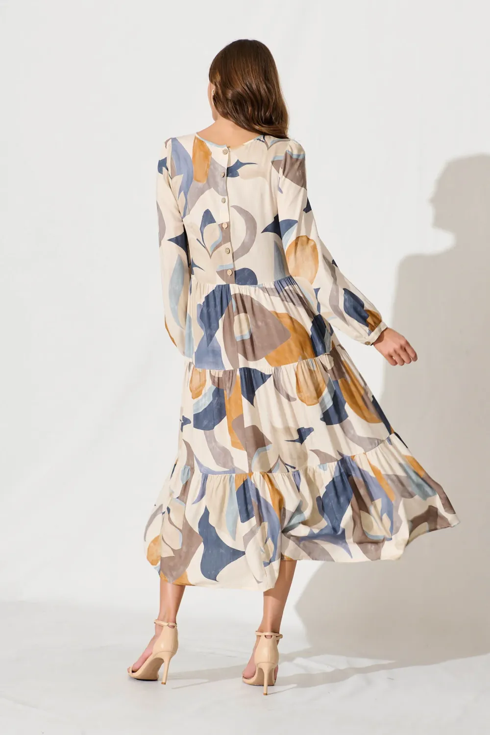 Lolita Midi Smock Dress In Multi Swirl Linen Blend