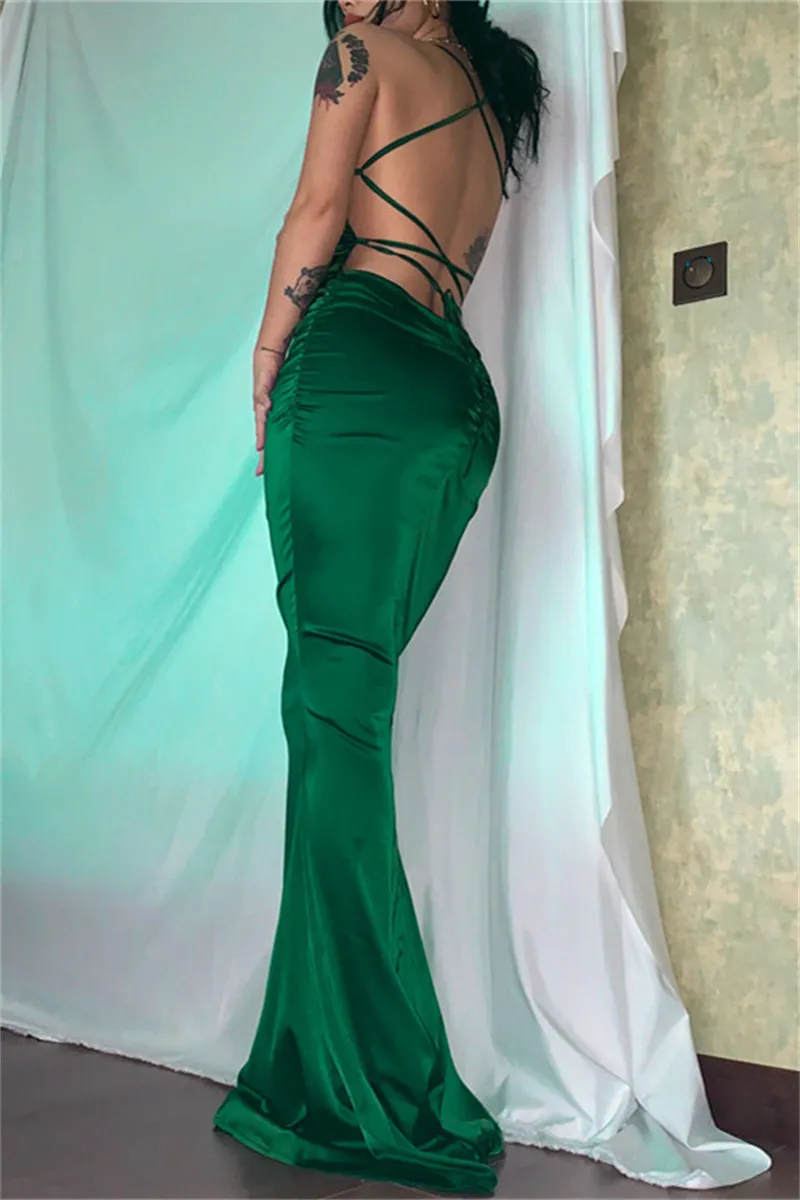 Green Fashion Sexy Solid Backless Cross Straps Spaghetti Strap Evening Dress