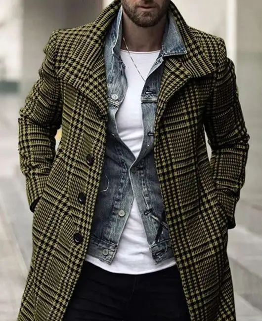 Plaid & Houndstooth Pattern Lapel Overcoat