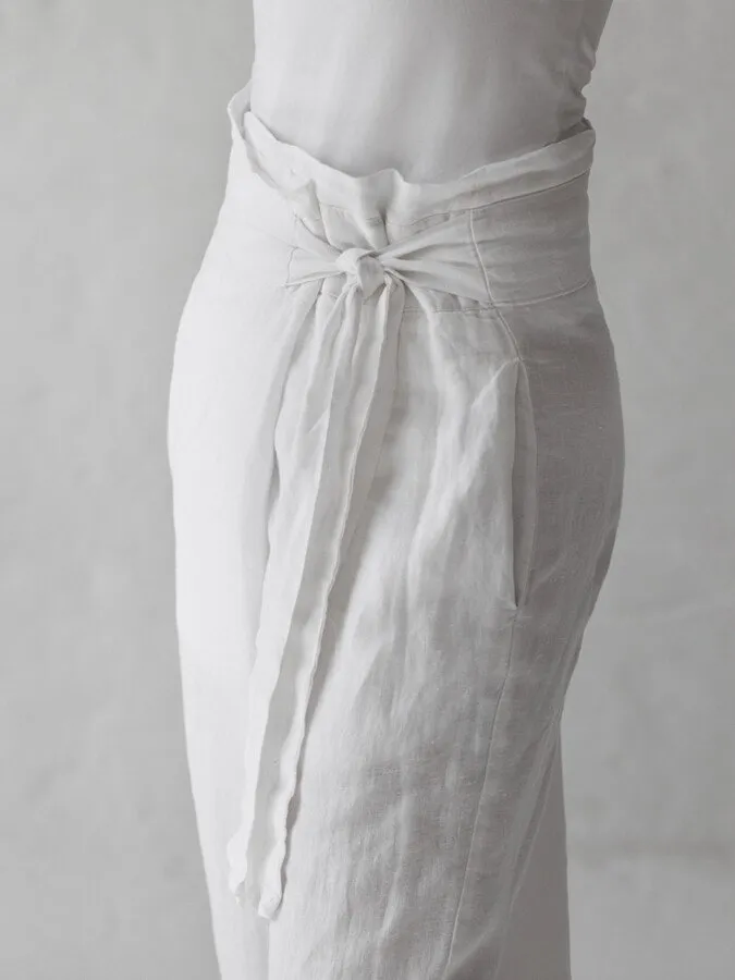 White Cotton Linen Lace Up Casual Pants
